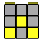 Top layer of Rubik's cube with 2 corner pieces correctly oriented, and 2 with yellow on the front face.